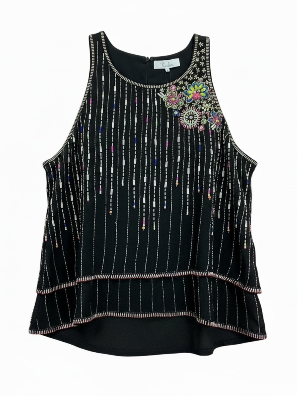 Parker Black with colored Beaded Floral Halter Tank Top Size XS